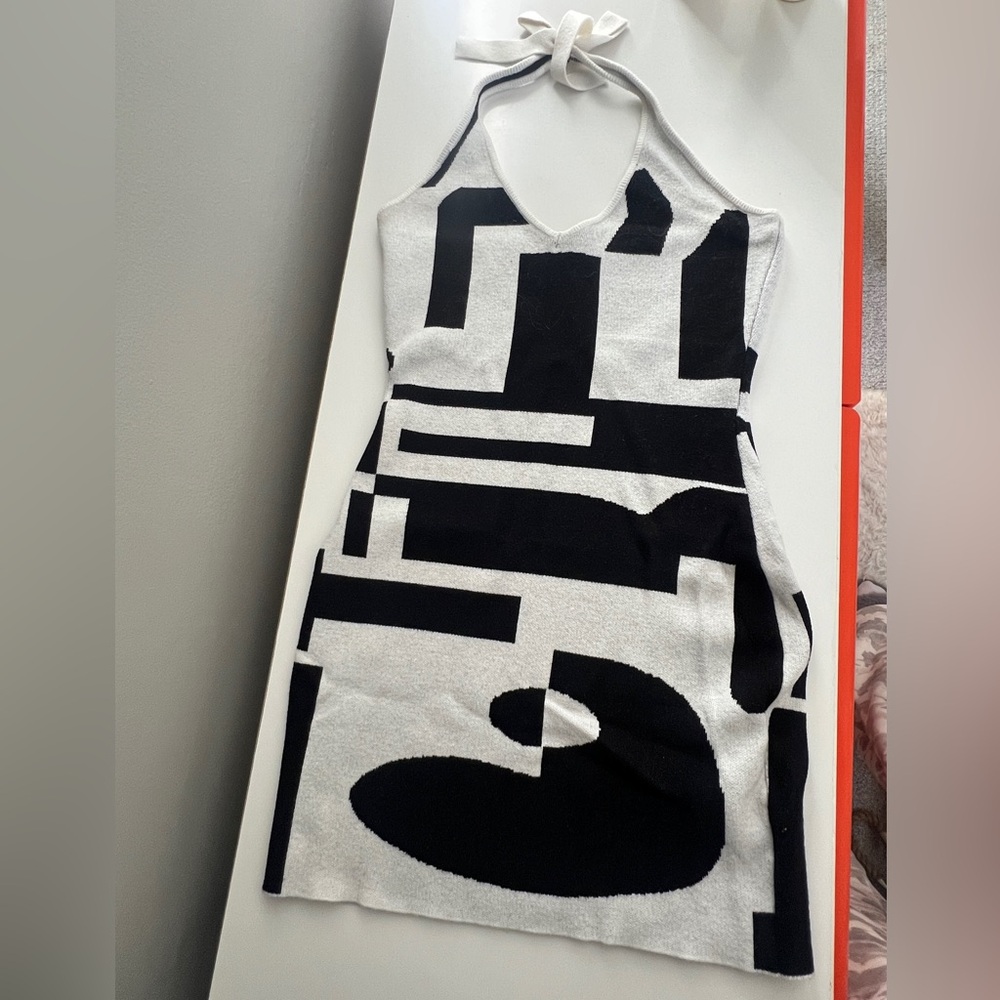 Black and White Graphic Mini Halter Dress
